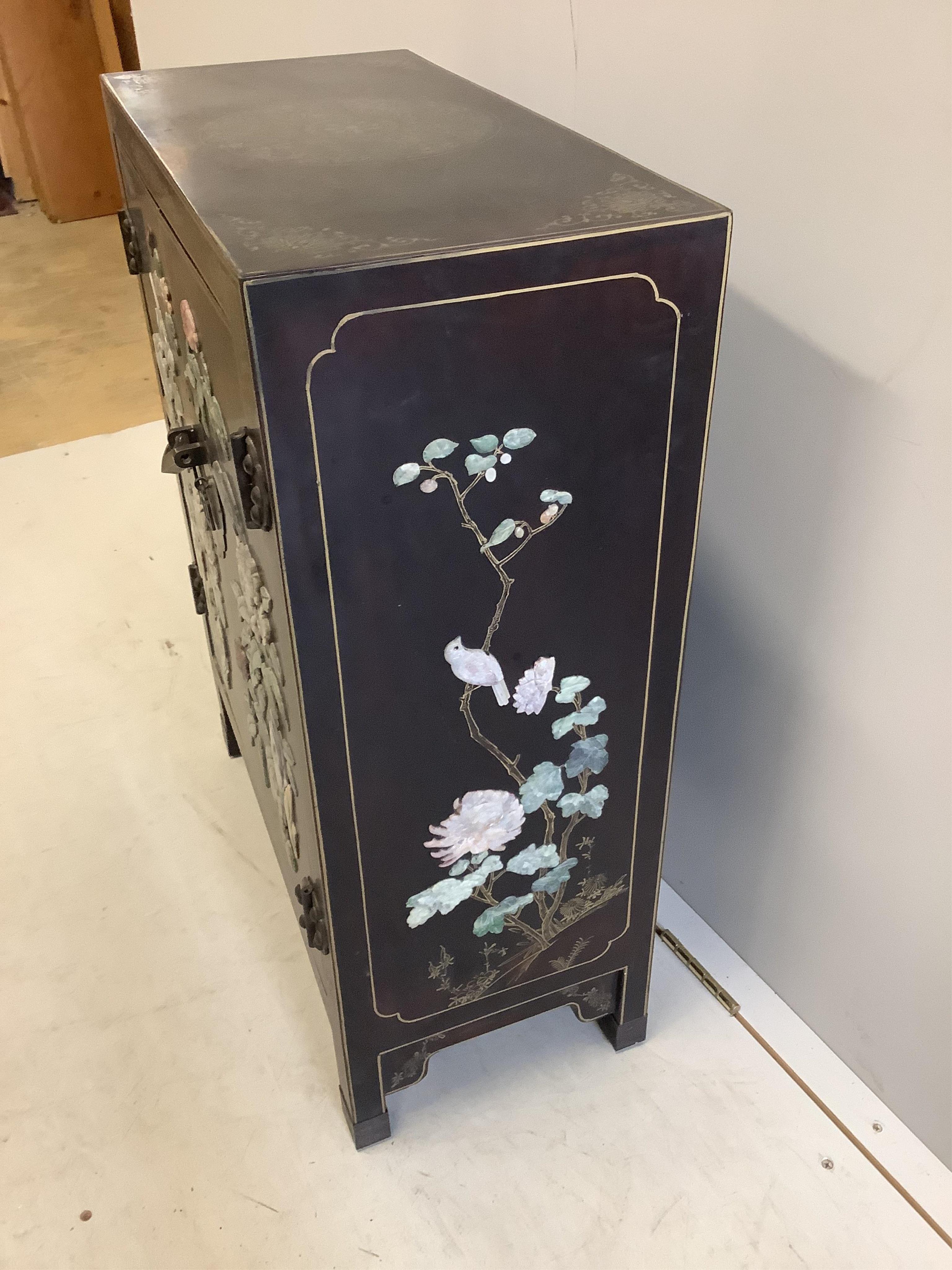 A Chinese hardstone mounted side cabinet, width 59cm, depth 29cm, height 77cm. Condition - fair to good